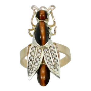 1960s Tigers Eye Seed Pearl Insect Ring Size 6.5