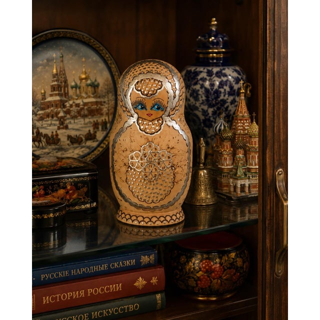 Authentic vintage Soviet-era Russian matryoshka nesting doll set featuring exquisite hand-painted and pyrography-decorated...