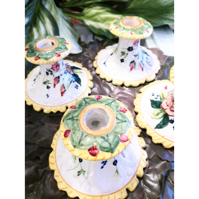 1980s Vintage Italian Hand Painted Floral Short Candle Stick Holders Set of 4 For Sale - Image 5 of 8