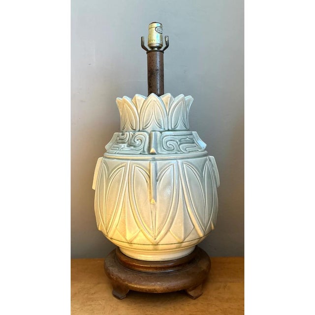 Wood Vintage Glazed Ceramic Table Lamp With Wood Base For Sale - Image 7 of 12