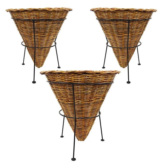 Brown Large Black Metal Frame & Wicker Baskets, 1950s, Set of 3 For Sale - Image 8 of 8