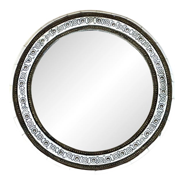 Vintage Round Inlaid Wood Wall Mirror For Sale