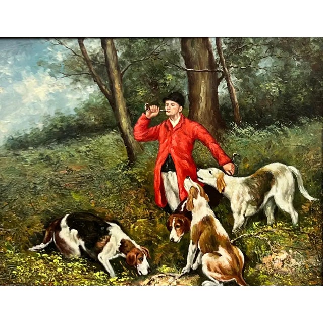 English Sporting Style Oil Painting, Huntsman & Hounds, Ornate Gilt Frame This exquisite oil painting captures a classic...
