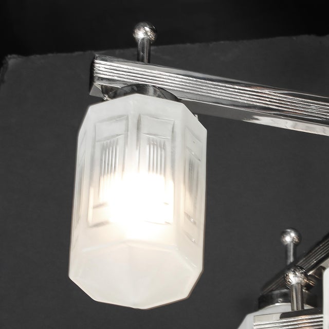 Art Deco Style 10 Arm Frosted & Etched Glass Chandelier W/ Polished Nickel Frame For Sale - Image 10 of 18