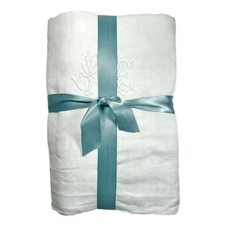 Antique French Linen Sheet, Jc Floral Monogram, Hand Embroidered Fine Linen, Circa 1900 For Sale