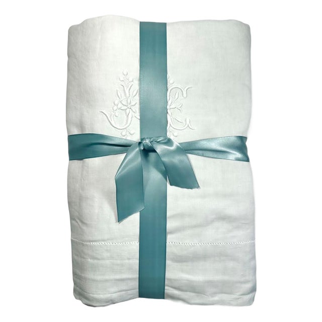 Antique French Linen Sheet, Jc Floral Monogram, Hand Embroidered Fine Linen, Circa 1900 For Sale