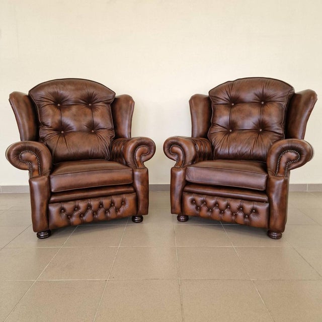 Wood Chesterfield Suzanne Brown Leather Living Room Set, 1970s, Set of 3 For Sale - Image 7 of 16