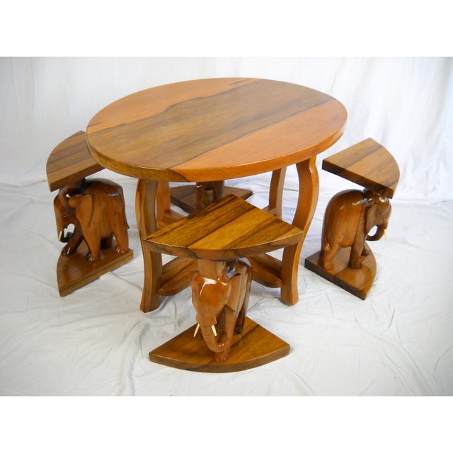 Exotic Carved Elephant Table, 5 Pieces Chairish