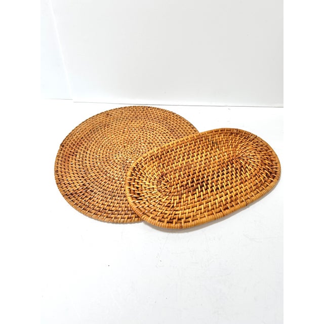 Contemporary Vintage Woven Rattan Trivets or Plant Stands – Set of 2 Round and Oval Basket Weave Tabletop Mats For Sale - Image 3 of 5
