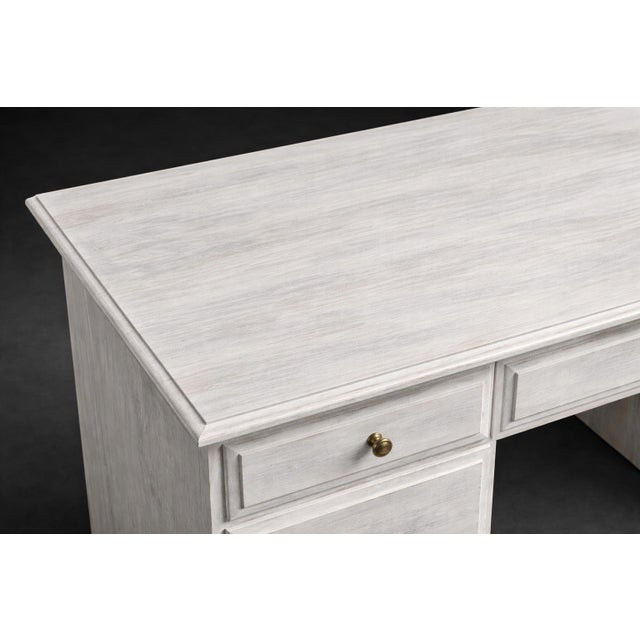 Mid-Century Modern Vintage Solid Pine Scandinavian Style Limewash Double-Pedestal Writing Desk For Sale - Image 3 of 12
