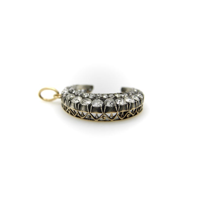 Mid 19th Century Early Victorian Silver Front 14k Gold Back Old Mine Cut Diamond Crescent Moon Pendant For Sale - Image 4 of 11