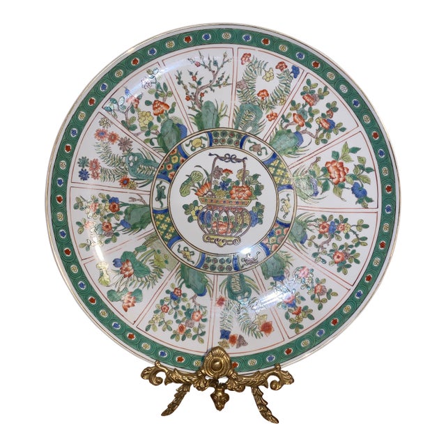 Vintage 18" Mottahedeh Chinese Export Style Large Porcelain Platter - Famille Rose Flower Basket For Sale