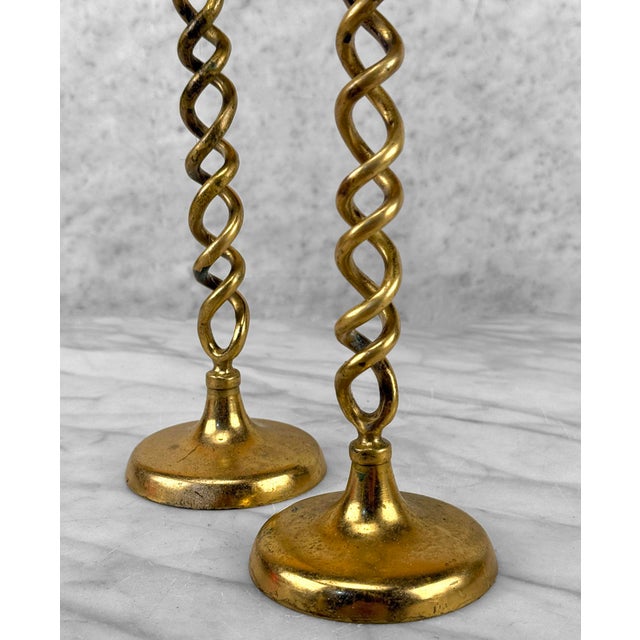 Metal Antique Traditional Brass Twist Motif Candlestick Holders – A Pair For Sale - Image 7 of 9