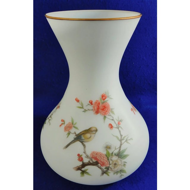 Large Vintage Pink & White Satin Glass Birds & Flowers Gold Trim Flower Vase For Sale - Image 10 of 10