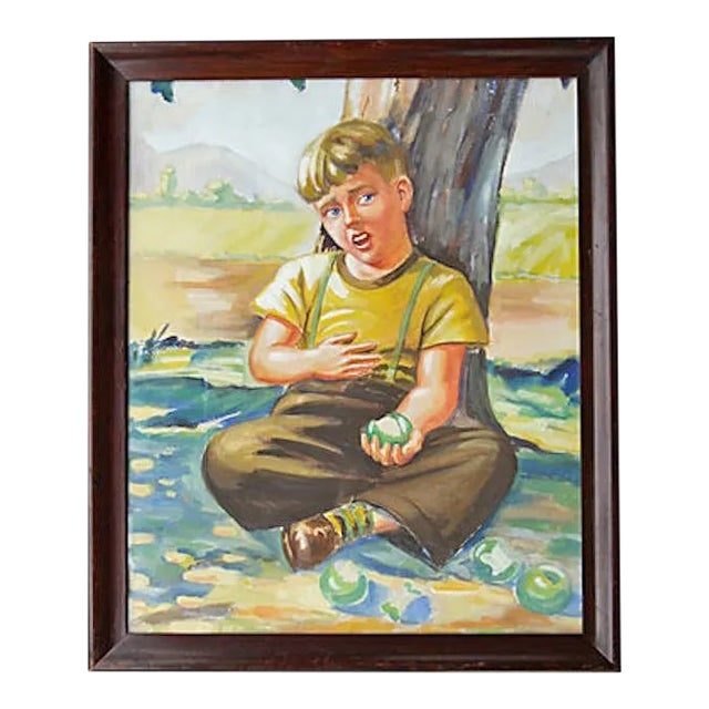 C.1940s Boy Eating Green Apples Watercolor For Sale