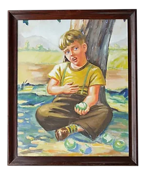 C.1940s Boy Eating Green Apples Watercolor