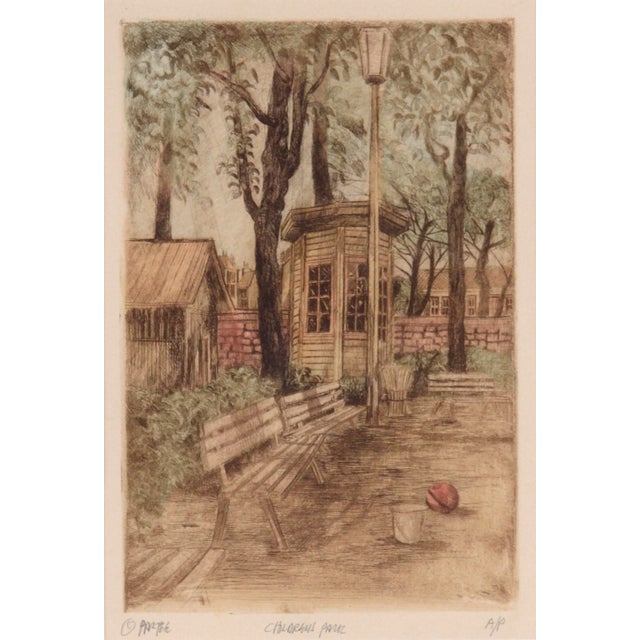 Intricate landscape etching of a park by an unknown artist. Signed illegibly "Partek or Partch". Signed, titled...
