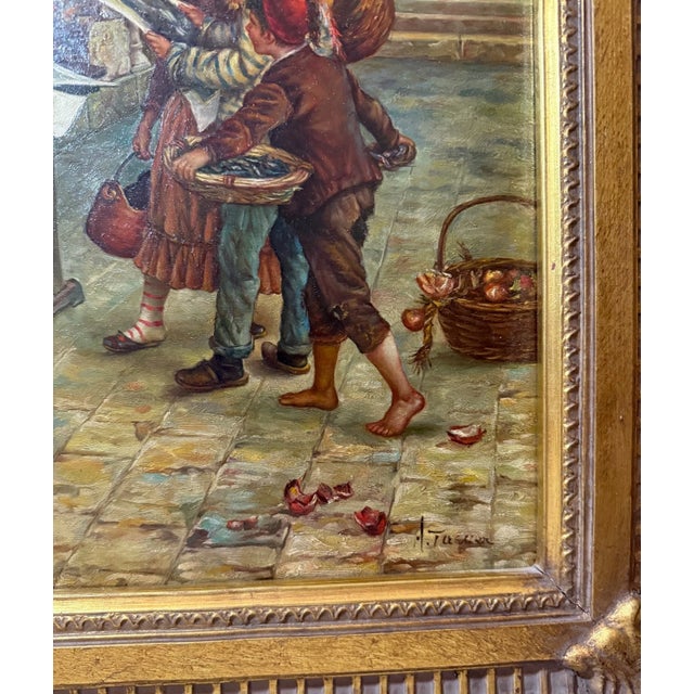 Vintage a Tucker Venetian Street Artist Selling Art Realism Oil Painting on Wood For Sale - Image 12 of 14