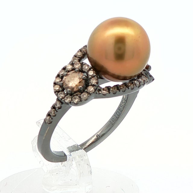 Yellow 18k White Gold Black Rhodium Gold Pearl & Chocolate Diamond Ring Size 5.25 For Sale - Image 8 of 10