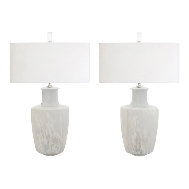 1980s Frosted Mottled Murano Style Glass Table Lamps - A Pair For Sale