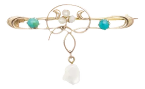 Antique William H Haseler English Art Nouveau Gold, Turquoise & Pearl Brooch/Pin