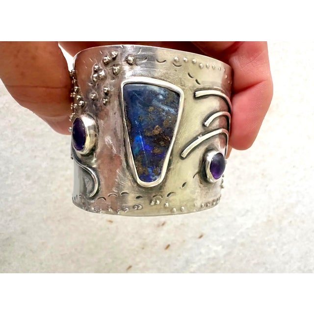 Stunning art piece, 1970s Brutalist Sterling Silver Cuff Bracelet With Gem Stones.