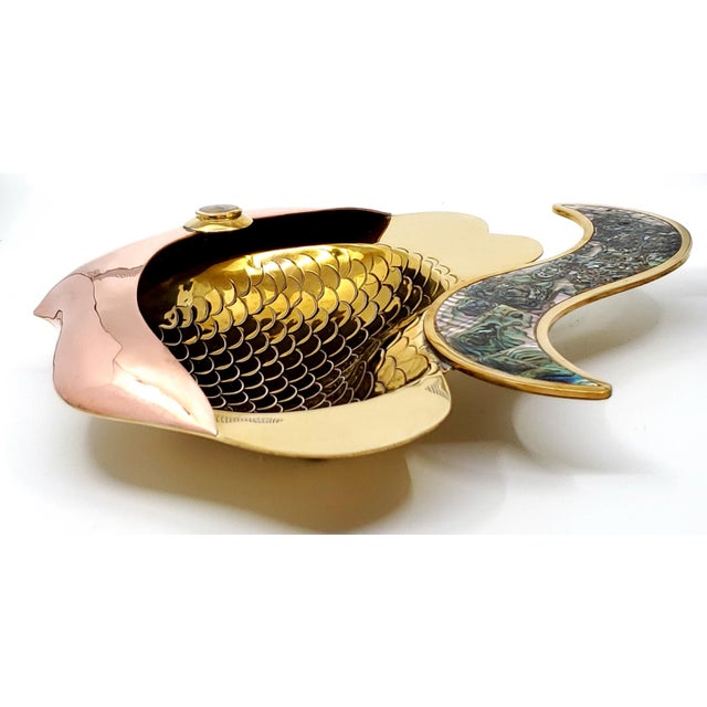 Metal Bowl Brass Copper & Abalone Shell Fish Wall Sculpture 1960s Signed For Sale - Image 7 of 11