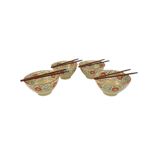 Modern Asian Modern Bat Trang Vietnamese Pho Bowls or Ramen Bowls Hand Painted With Floral and Vine Pattern - Set of 4 For Sale - Image 3 of 9