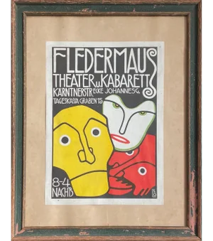 1908 "Berthold Loeffler Three Masks: Fledermaus Theater and Cabaret" Original Lithograph, Framed