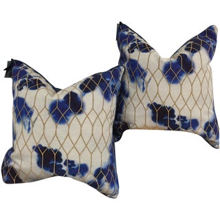 Villa Flora Blue & White Down Pillows - A Pair For Sale