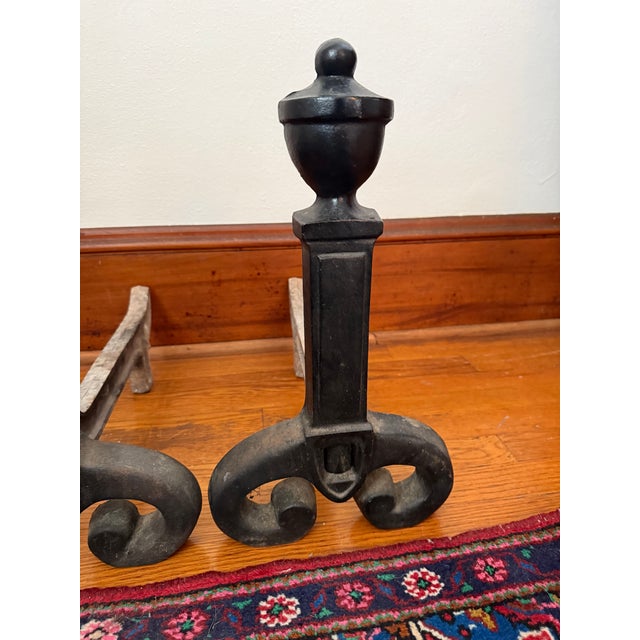 Mid 20th Century Vintage Black Wrought Iron Andirons With Urn Finials, a Pair For Sale - Image 5 of 8
