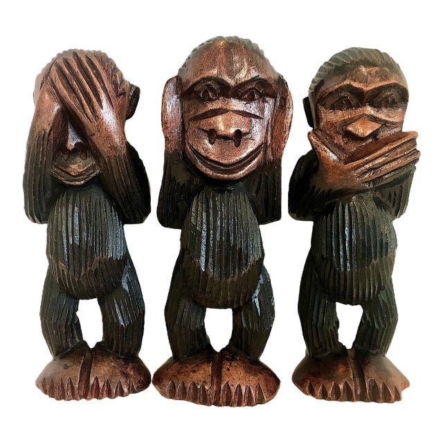 Asian "Three Wise Monkeys" in Carved Wood For Sale