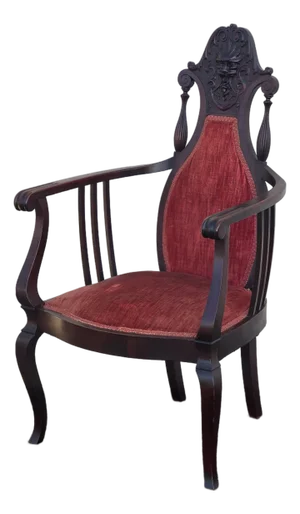 Antique Carved Wood North Wind Face Armchair With Red Upholstered Seat