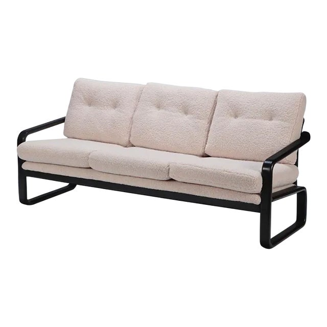 Ebonized French Three Seat Sofa Recently Upholstered in Boucle Fabric For Sale