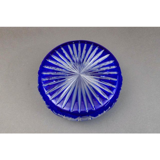 Glass Mid 20th Century Czech Bohemian Cobalt Blue Cut to Clear Crystal Round Centerpiece Bowl For Sale - Image 7 of 7