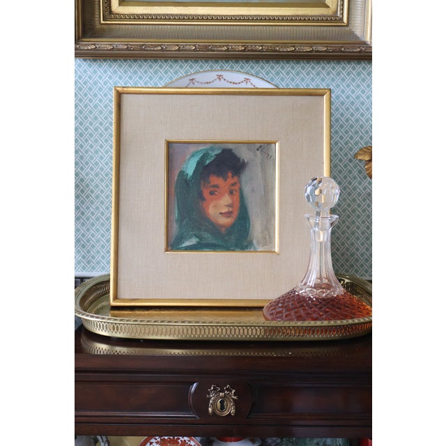Signed Vintage Expressionist Portrait in Emerald Headscarf—Custom Gilt Frame For Sale - Image 15 of 18