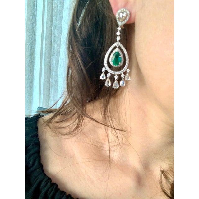 GIA Certified 6.5Ct Zambian Pear Emerald Diamond Hanging/Drop Earrings 18KW Gold For Sale - Image 10 of 18