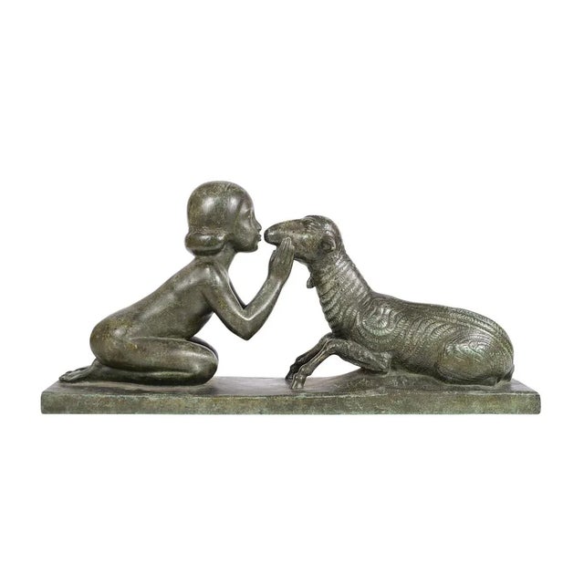Raphael Payre - Girl kissing a Lamb- Beautiful Art Deco Bronze sculpture -c.1930s size 4 x 17" A beautiful piece that will...