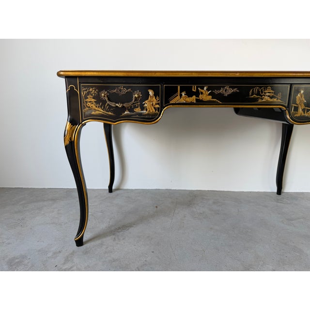 1980s Vintage Baker Furniture Chinoiserie Desk Table With Leather on Top & Brass Handles For Sale - Image 5 of 18