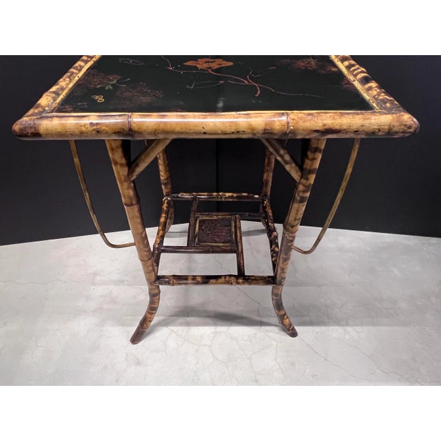 Mid Century Vintage Two Tiered Tortoise Bamboo Table With Lacquer Top and Additional Vertical Corner Pieces For Sale - Image 4 of 7