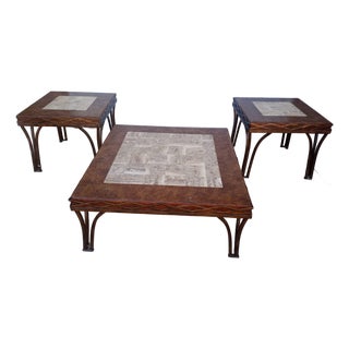 Vintage Tessellated Cork & Travertine Coffee Table – Brass/Metal Base – Maitland Smith Style – 1970s Postmodern For Sale