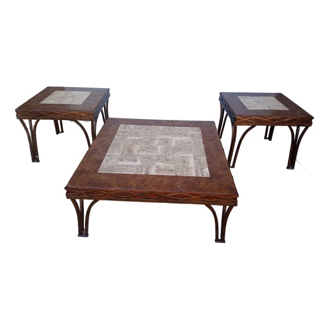 Vintage Tessellated Cork & Travertine Coffee Table – Brass/Metal Base – Maitland Smith Style – 1970s Postmodern For Sale