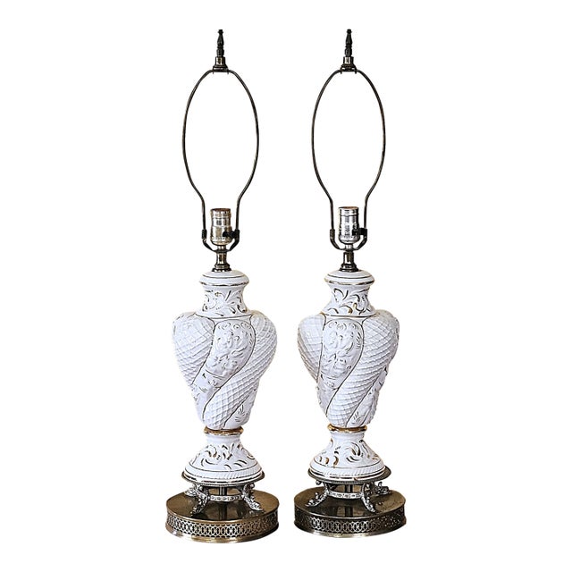 Pair of Vintage Italian Capodimonte Table Lamps – White & Gold 30" Ornate Ceramic Lighting For Sale
