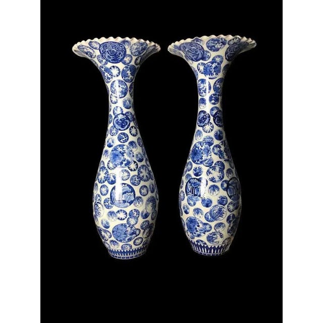 Large Japanese Decorative Blue and White Porcelain Vases, Set of 2 For Sale - Image 4 of 14