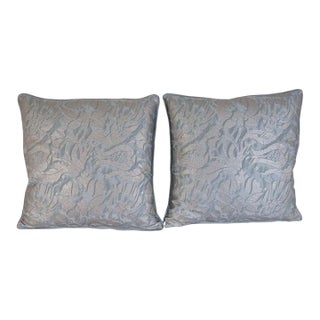 Fortuny Cotton Damask Throw Pillows, Venetian Floral Motif, Aqua & Silver Pair For Sale