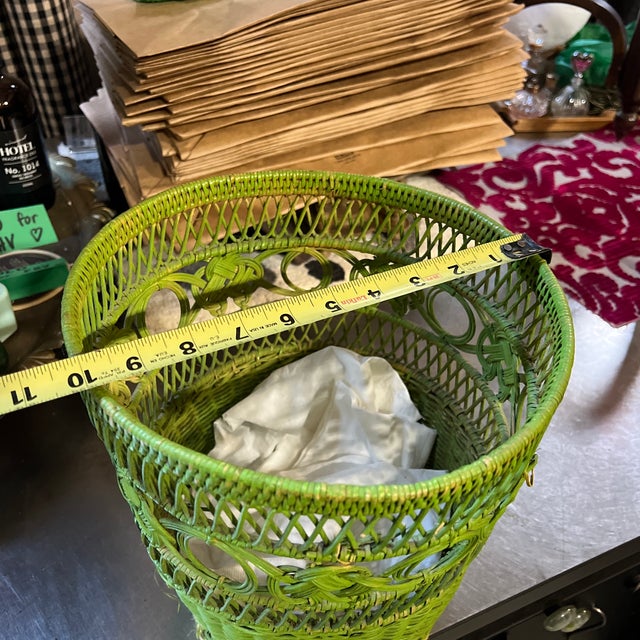 Boho Vintage Lime Green Wicker Basket For Sale - Image 9 of 9