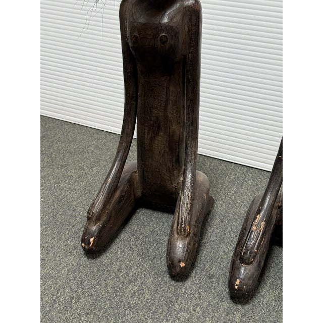 Brown Late 20th Century African Male + Female Figure Carved Sculptures, Pair For Sale - Image 8 of 12