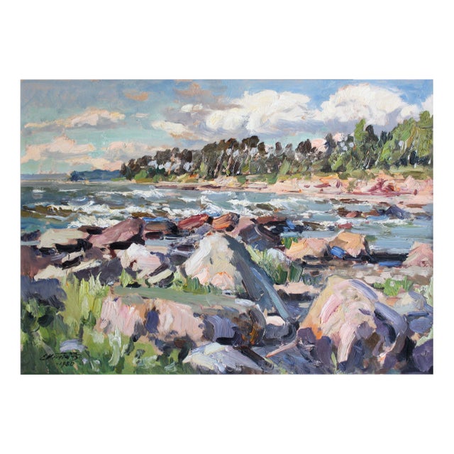 Edgars Vinters, Rocky Seashore, 1980, Oil on Cardboard For Sale