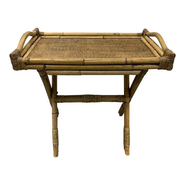 Vintage 1980’s Bamboo & Wicker Folding Tray Table For Sale