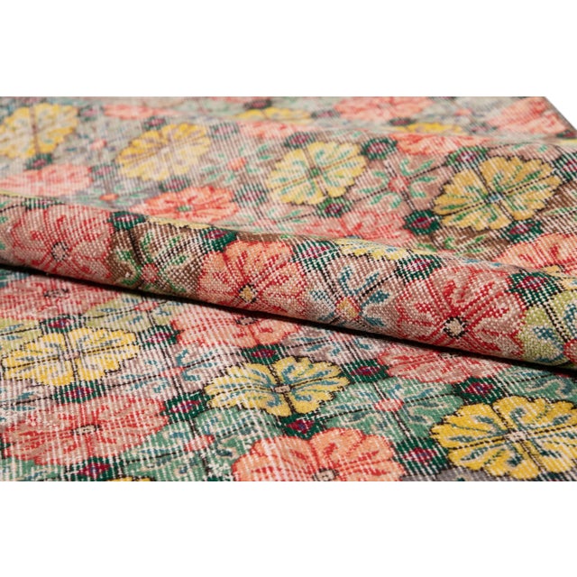 Vintage Turkish Art Deco Handmade Pink and Yellow Floral Wool Rug For Sale - Image 4 of 8